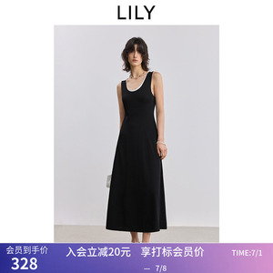 【商场同款】LILY夏新款撞色双层U领小黑裙收腰针织连衣裙女
