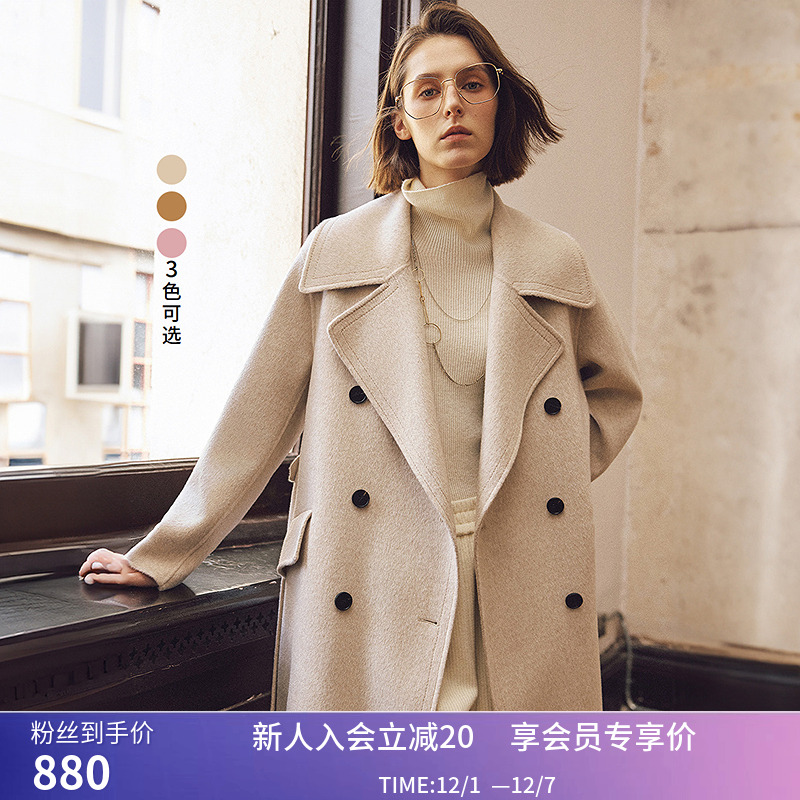 LILY冬新款女装100%绵羊毛双排扣宽松百搭通勤高级感毛呢大衣