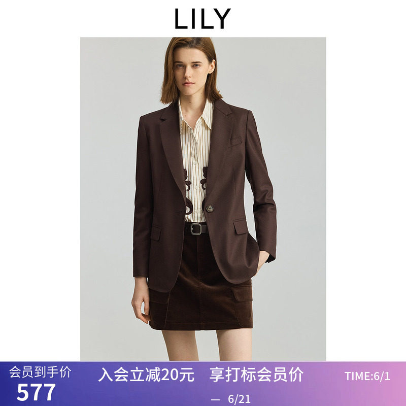 LILY秋新款女装绵羊毛复古老钱风修身收腰通勤咖啡色西装外套