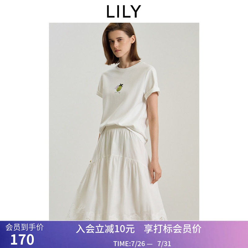 LILY2026夏新款全棉简约猫咪印花图案休闲通勤圆领短袖T恤女上衣