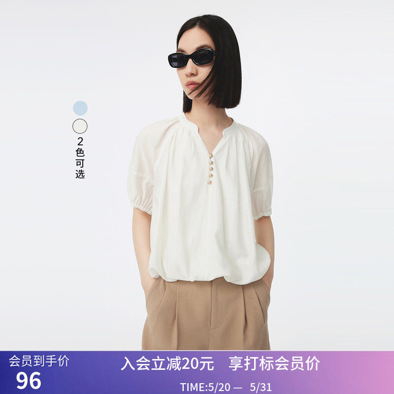 LILY秋新款女装垂感醋酸别致复古优雅气质通勤宽松短雪纺衬衫