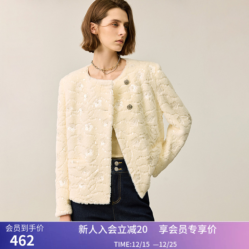 LILY冬新款女装精致轻奢重工绒感绣珠片艺术感小香风短外套女