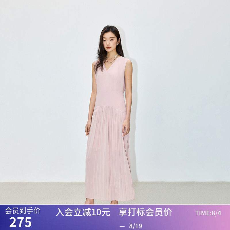 LILY夏新款女装设计感学院风百褶气质V领通勤长款高腰连衣裙