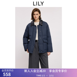 LILY2025冬新款老钱风拼接翻领90鸭绒泡芙藏青色羽绒服外套女短款