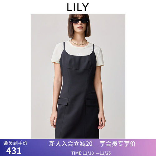 【商场同款】LILY2025春女装经典收腰百搭吊带裙灰色直筒连衣裙