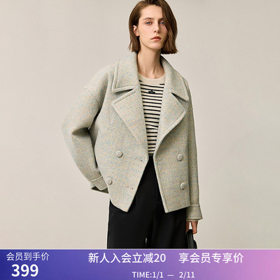 LILY冬新款女装彩色肌理感绵羊毛宽肩廓形百搭通勤毛呢短外套