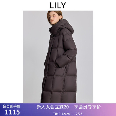 LILY2025冬新款复古连帽90鸭绒宽松休闲通勤泡芙羽绒服外套女长款