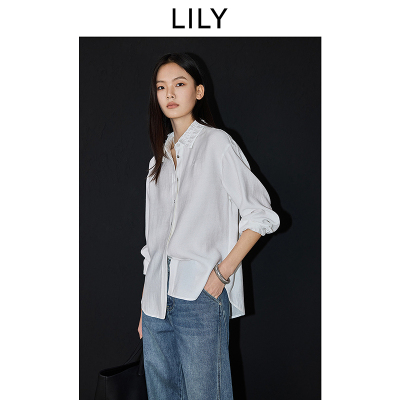 LILY2025春新款法式浪漫气质荷叶边磨毛百搭职业通勤白色衬衫女