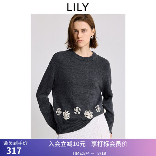 LILY冬新款羊毛混纺格雷系手工蕾丝雪花钩花套头针织衫毛衣女