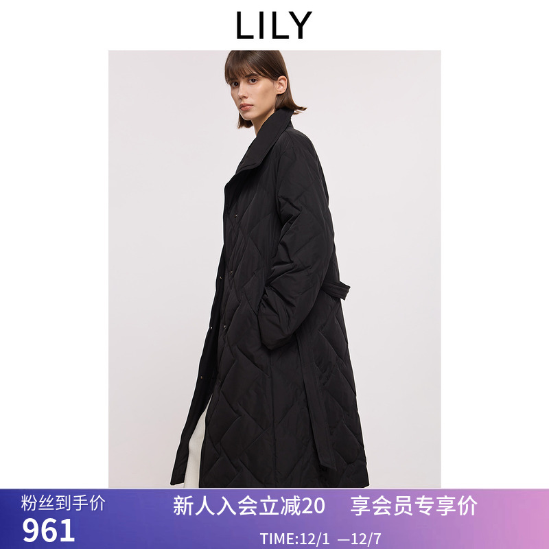 LILY2025冬新款女装复古立领翻领腰带收腰百搭通勤黑色羽绒服外套