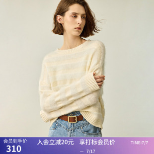 LILY冬新款女装绵羊毛马海毛条纹温柔肌理感套头圆领毛衣女款