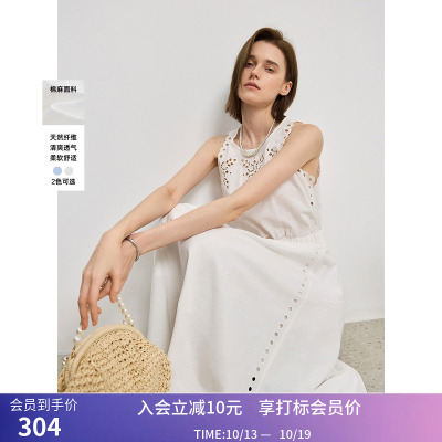 LILY夏新款简约气质度假风镂空蕾丝绣花无袖收腰休闲连衣裙女
