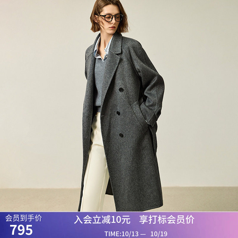 LILY冬新款女装绵羊毛格雷系双排扣宽松OL通勤双面呢大衣外套