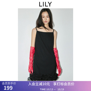 花苞小黑裙LILY2025春新款一字领细肩带吊带裙黑色连衣裙女中长裙