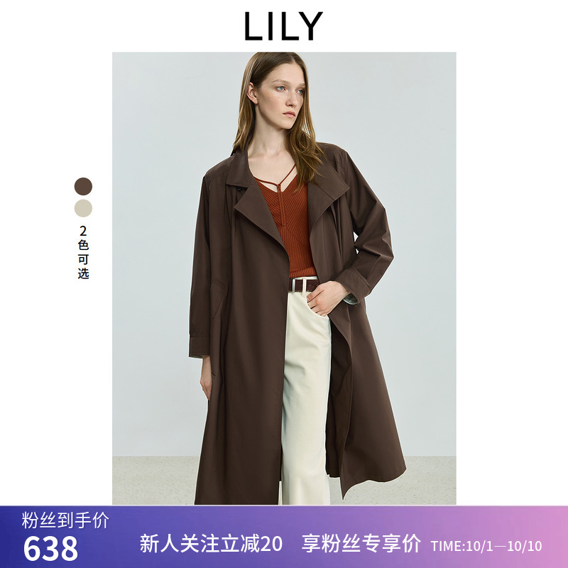 LILY2025秋新款女装复古立领腰带收腰休闲气质通勤风衣外套中长款