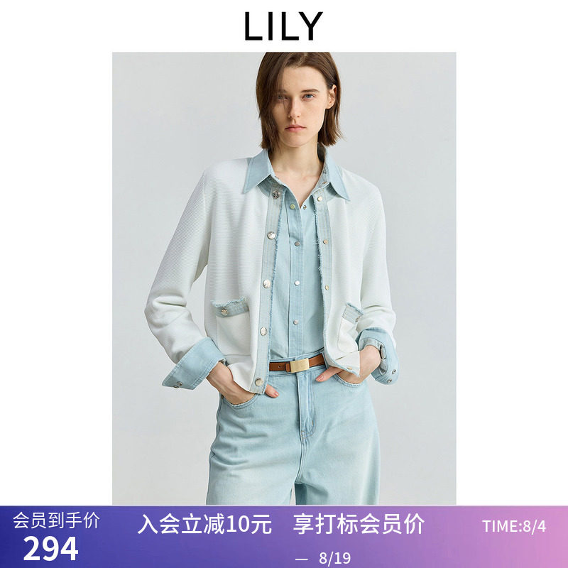 【商场同款】LILY秋新款女装拼接牛仔小香风白色针织开衫外套