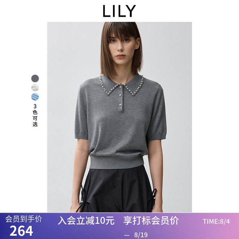 【商场同款】LILY秋新款格雷系芭蕾风珍珠POLO领短袖针织衫女