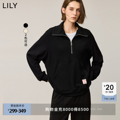 LILY冬新款女装松弛感拉链领翻领休闲宽松落肩百搭通勤卫衣女