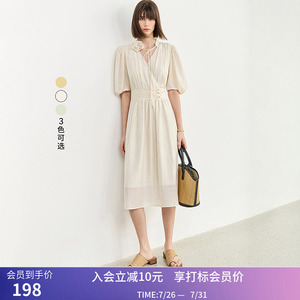 LILY夏新款女装复古泡泡袖浪漫花卉气质温柔高腰连衣裙