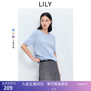 LILY2026春新款羊毛山羊绒混纺绒感圆领套头短袖针织衫毛衣女短款