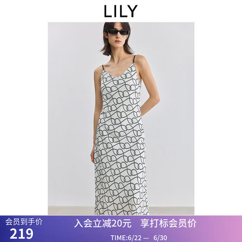 【商场同款】LILY夏新款女装复古老花休闲斜裁V领吊带连衣裙