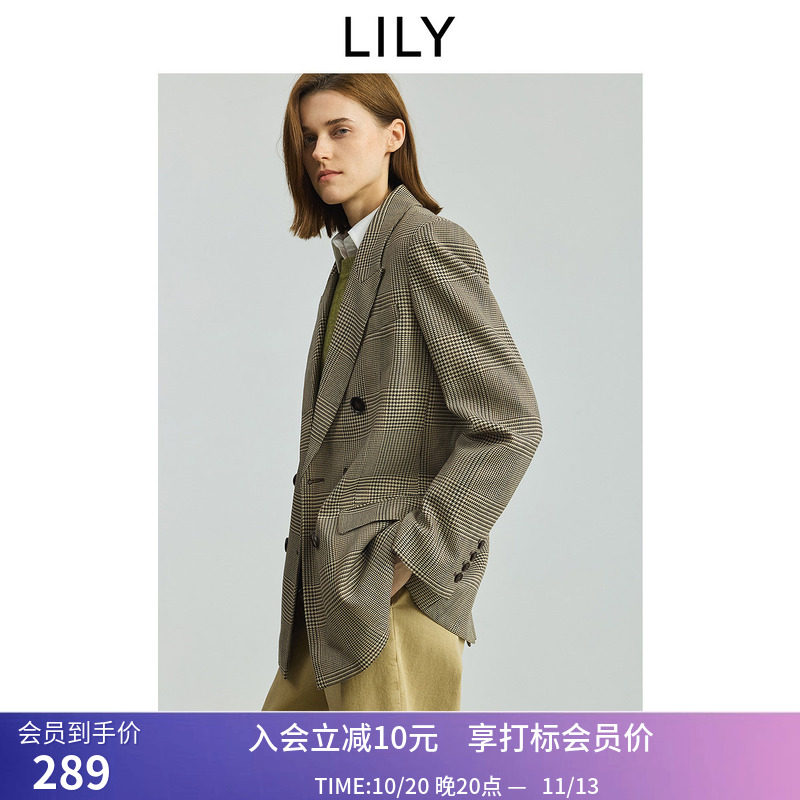 【商场同款】LILY秋新款女装格纹驳领宽松通勤西装外套