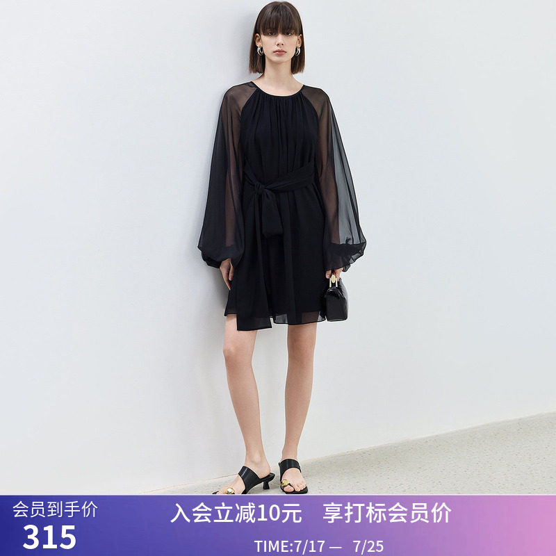 【商场同款】LILY夏新款垂坠感袖子设计小黑裙女飘逸连衣裙