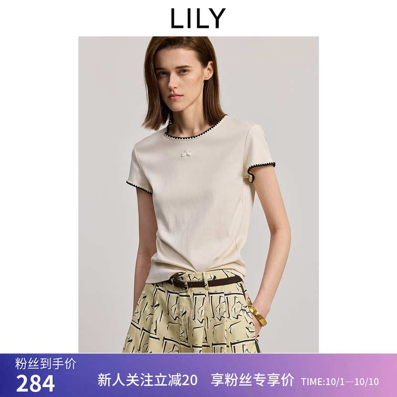【商场同款】LILY2025夏新款女装全棉撞色贝壳绣休闲正肩短袖T恤