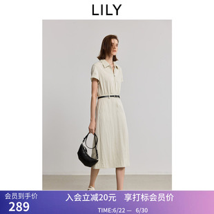 LILY夏新款女装简约气质工装风拉链翻领收腰短袖米色连衣裙