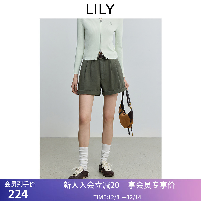【商场同款】LILY2025秋新款复古压褶百搭通勤墨绿色休闲裤短裤女