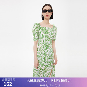 LILY夏新款女装浪漫碎花法式复古方领气质泡泡袖高腰连衣裙女