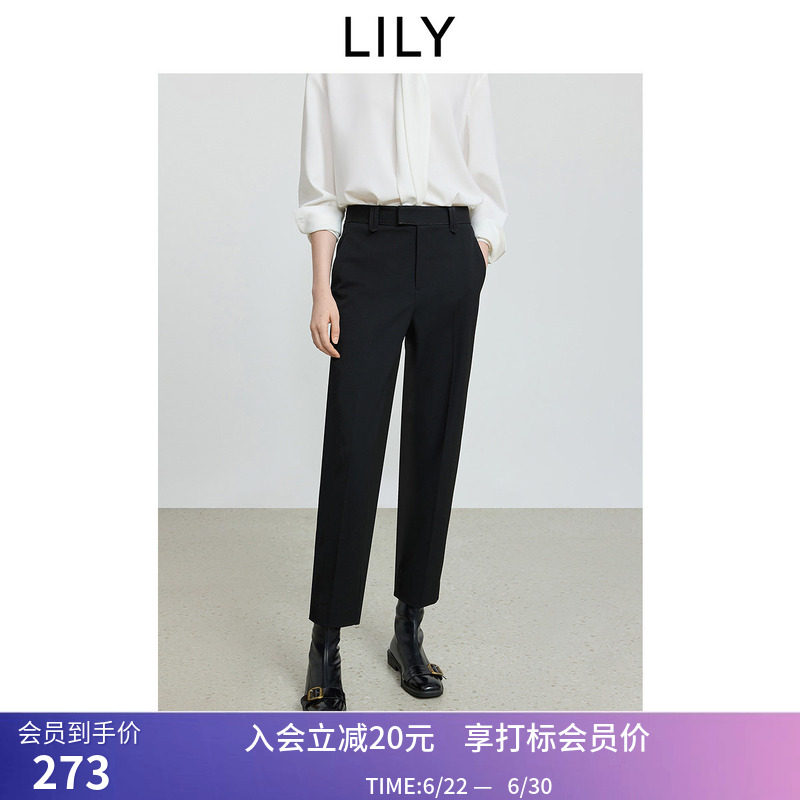 LILY冬新款经典气质商务职业通勤松紧腰加绒黑色九分锥形裤女