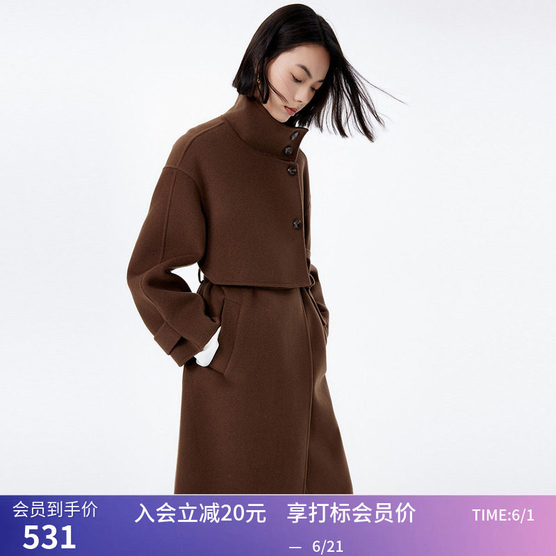 LILY冬新款女装全绵羊毛保暖立领显瘦腰带长款毛呢外套大衣女