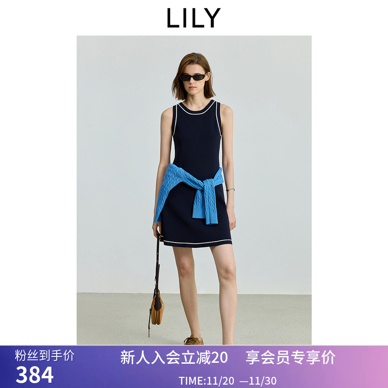 【商场同款】LILY2025秋新款女装撞色通勤收腰无袖圆领背心连衣裙