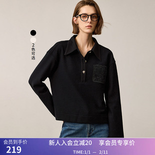 LILY冬新款女装松弛感假两件POLO领蕾丝拼接口袋落肩长袖卫衣