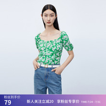 【专柜甄选】LILY秋新款女装别致印花复古方领雪纺衫小上衣女