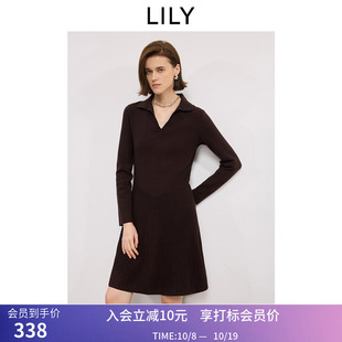 LILY冬新款复古翻领修身收腰气质通勤深色长袖连衣裙女