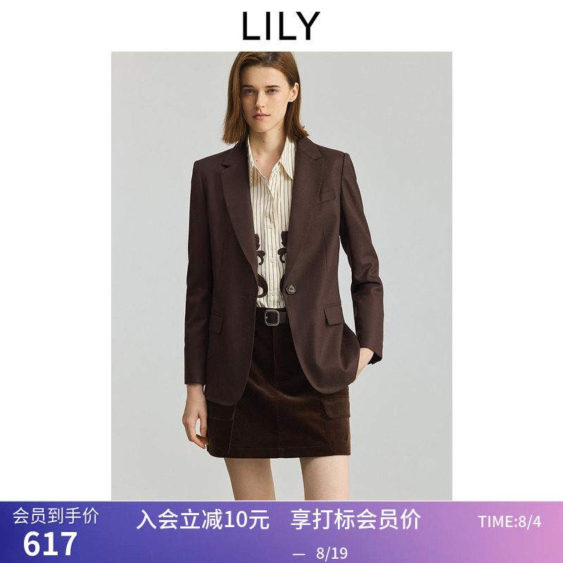 LILY秋新款女装绵羊毛复古老钱风修身收腰通勤咖啡色西装外套