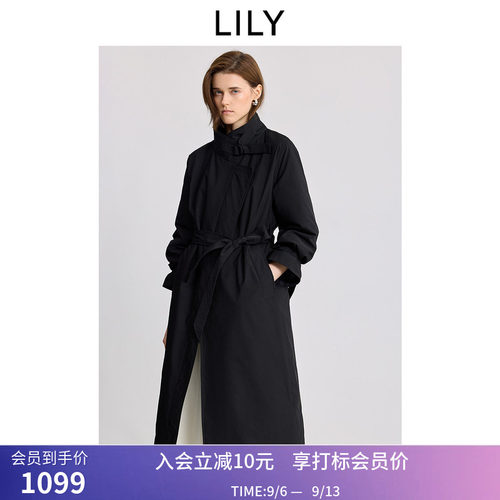 LILY冬新款简约立领90鸭绒宽松休闲通勤黑色羽绒服长款外套女