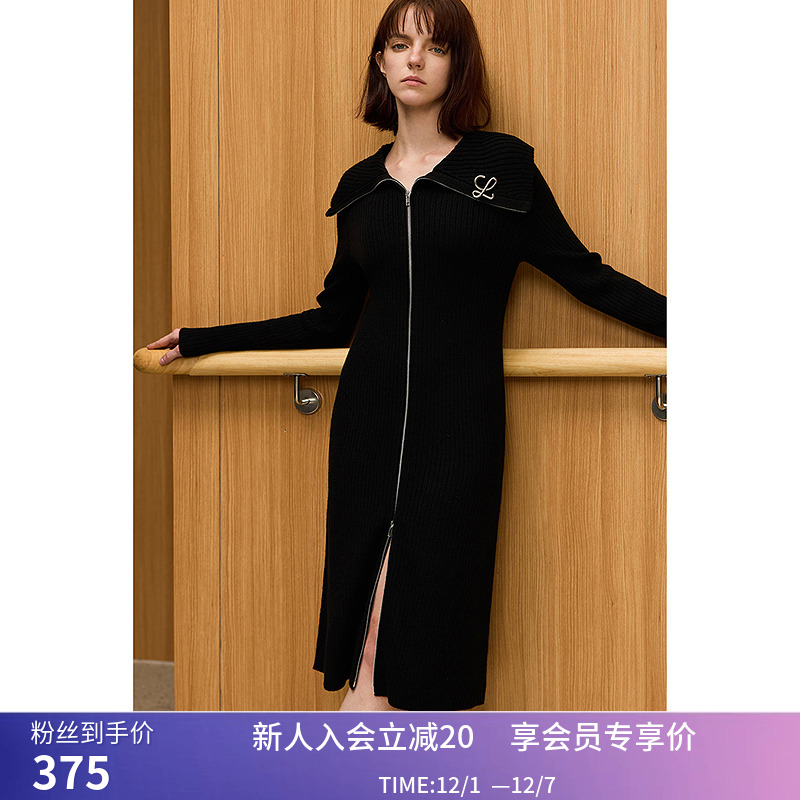LILY冬新款女装设计感大翻领双拉链修身百搭针织连衣裙小黑裙