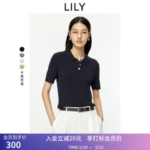LILY2026夏新款女装复古简约POLO领老钱风正肩休闲通勤短袖针织衫