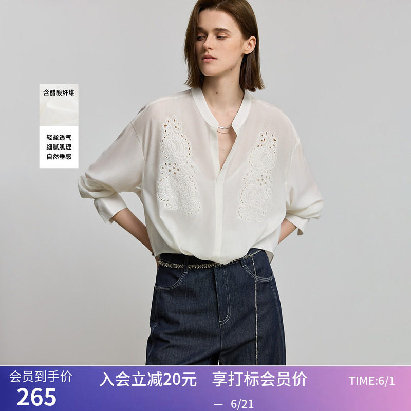 LILY夏新款女装醋酸混纺法式蕾丝绣花休闲百搭通勤衬衫外套