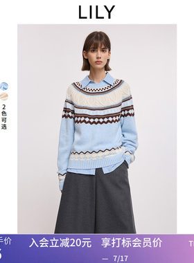 LILY冬新款女装费尔岛提花宽松圆领套头浅色针织衫毛衣