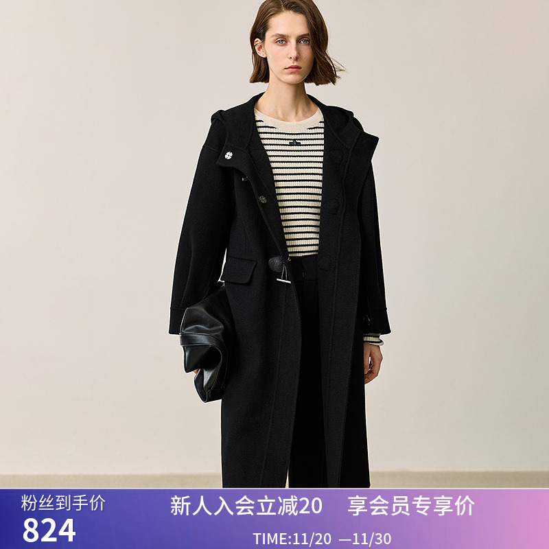 LILY冬新款女装100%绵羊毛学院风牛角扣连帽宽松双面呢大衣女