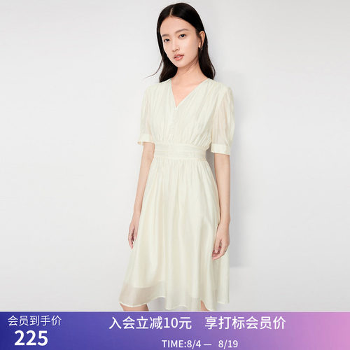LILY秋新款女装温柔纯色气质V领洋气高腰短袖连衣裙小白裙女