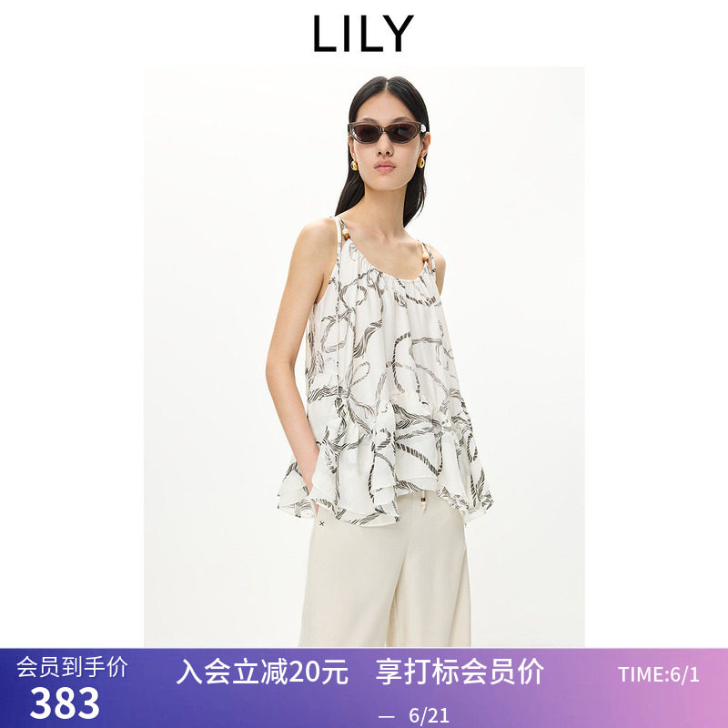 LILY2026夏新款醋酸混纺法式印花U领宽松薄款A字套头吊带雪纺衫女