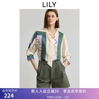 【商场同款】LILY2025秋新款女装复古飘带领印花休闲长袖衬衫外套