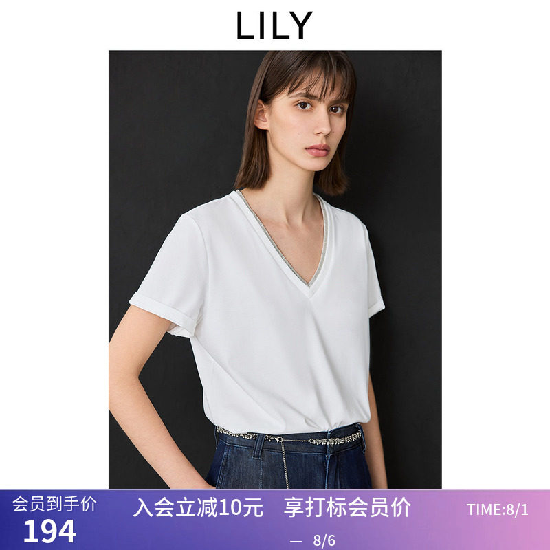 LILY2026夏新款简约假两件V领正肩宽松休闲通勤白色短袖T恤女上衣