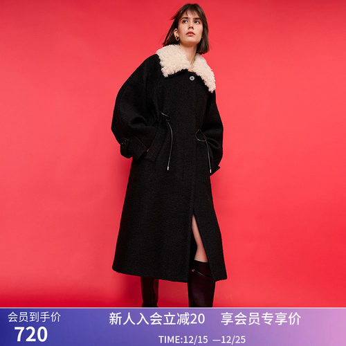 LILY冬新款女装绵羊毛可拆卸毛领宽松休闲收腰毛呢外套女长款