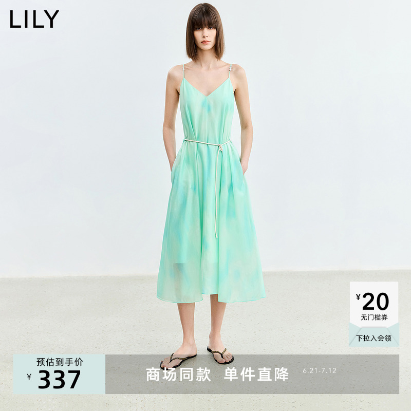 【商场同款】LILY2024夏新款女装莱赛尔印花清新V领设计感连衣裙